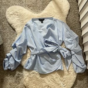 NEW LOOK LIGHT BLUE TIE WAIST RUFFLE SLEEVE TOP